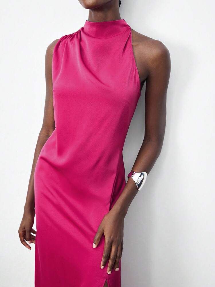 Fuchsia Pink Satin Dress with Draping and High Slit for Evening Glamour Cruise Dinner Dress 2027
