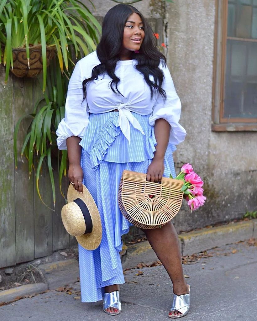 Chic Patriotic Ensemble: Tie-Front Blouse and Striped Ruffled Skirt Chic Patriotic Ensemble: Tie-Front Blouse and Striped Ruffled Skirt — Plus Size 4th of July Outfits 2027