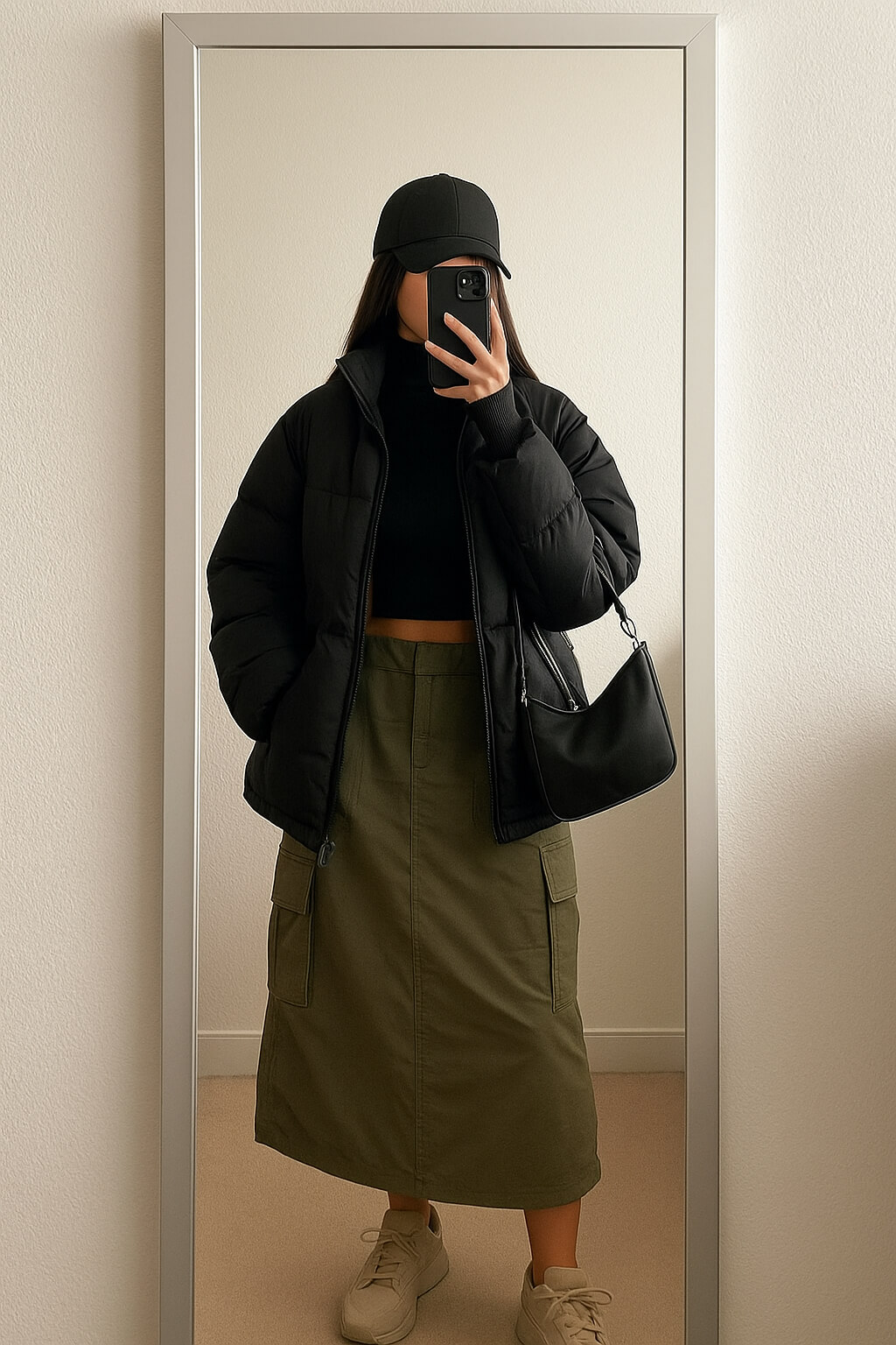 Puffer Jacket Over Turtleneck Crop Top and Midi Skirt Puffer Jacket Over Turtleneck Crop Top and Midi Skirt — Sporty Chic Outfits 2027