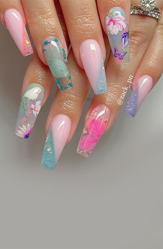 Visual Idea — Sheer Blue With Glitter Floral Coffin Nails 2027