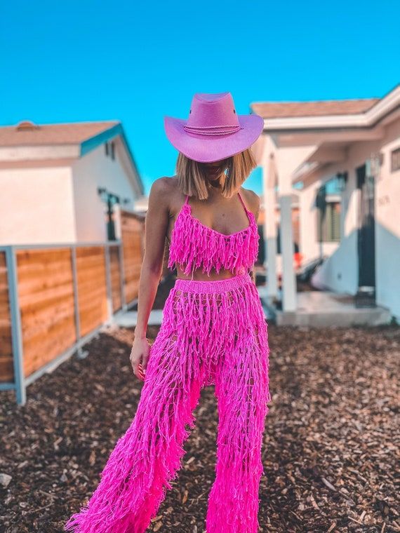 Hot Pink Fringe Halter Top and Wide-Leg Pants with Cowboy Accessories Hot Pink Fringe Halter Top and Wide-Leg Pants with Cowboy Accessories — Pink Rave Outfits 2027