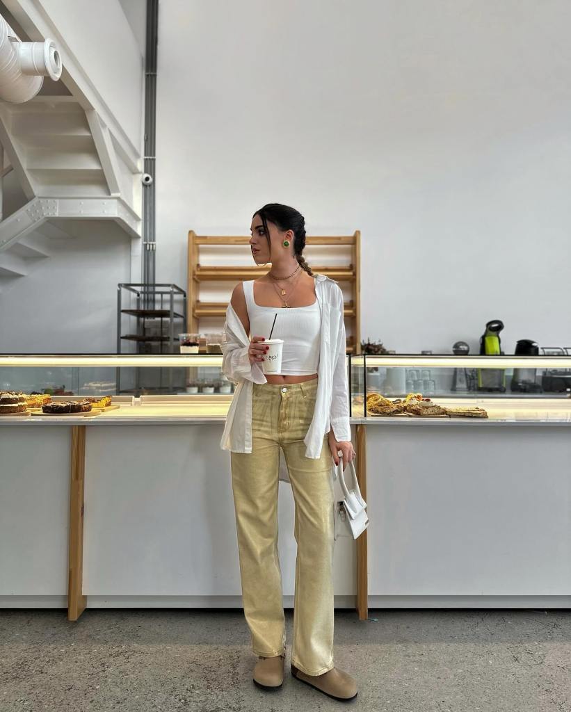 Light Yellow Wide-Leg Pants with Layered White Tops — Mustard Outfits 2027