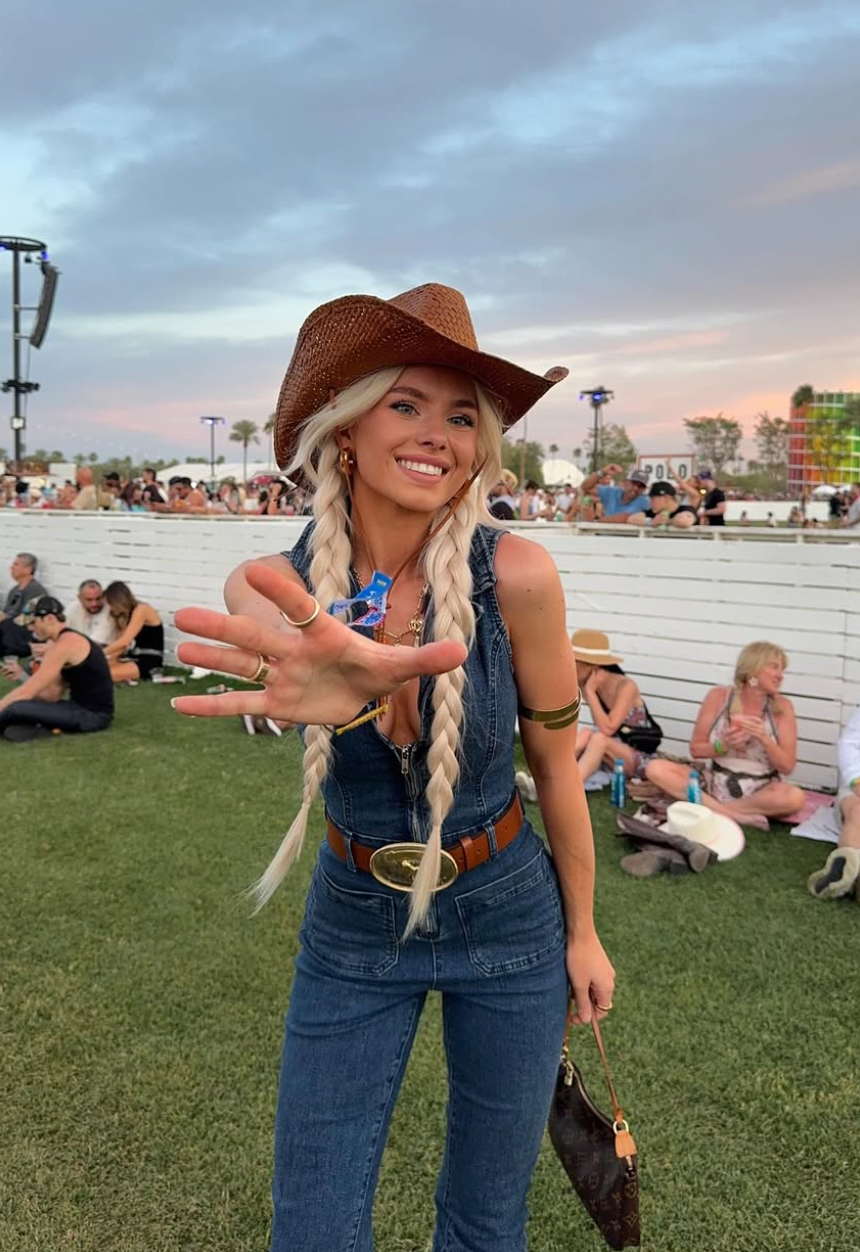 Denim Jumpsuit with Statement Belt and Cowboy Hat Denim Jumpsuit with Statement Belt and Cowboy Hat — Coachella Outfits 2027