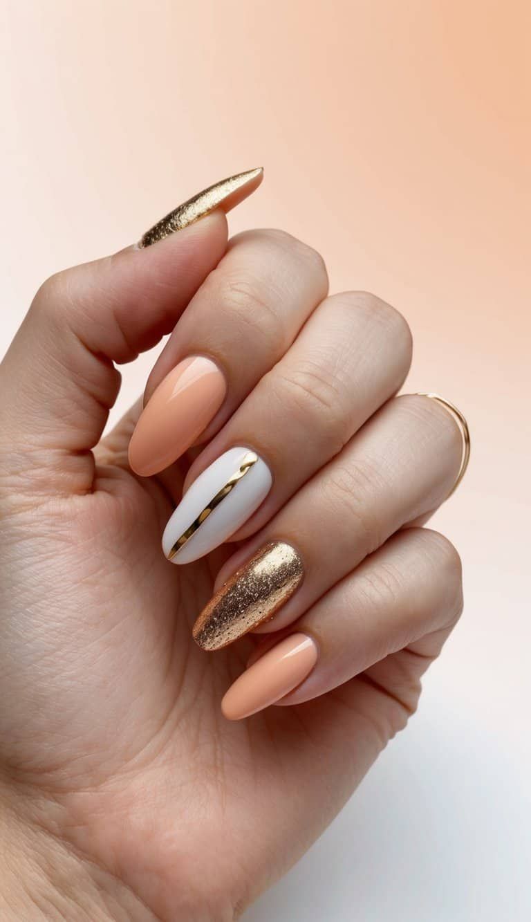 Visual Idea — A White Nail With A Diagonal Gold Line Visual Idea — A White Nail With A Diagonal Gold Line — Peach Chrome Nails 2027