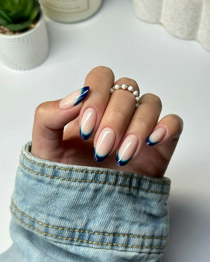 Deep Navy Double French Almond — Short Double French Tip Nails 2027