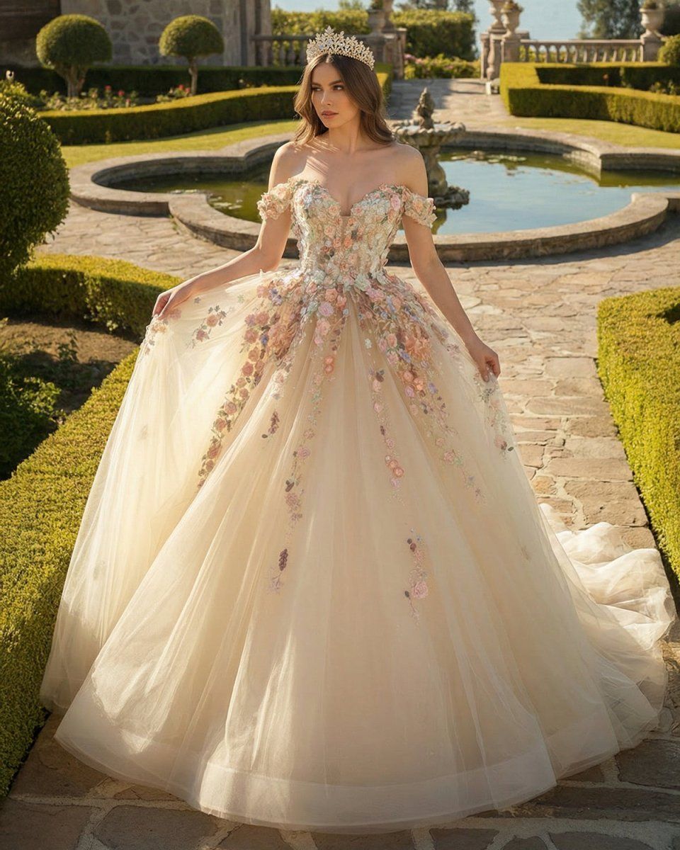 Champagne Ballgown with Vibrant 3D Floral Appliqués and Sweetheart Neckline — Champagne Quinceanera Dress 2027