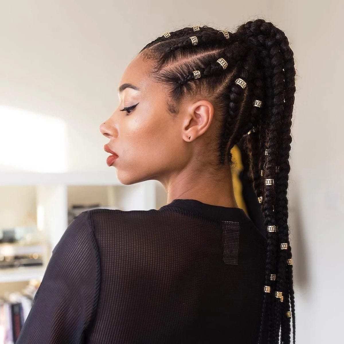 Mid-Back Black Braided Ponytail With Gold Beads Mid-Back Black Braided Ponytail With Gold Beads — Braided Ponytail 2027