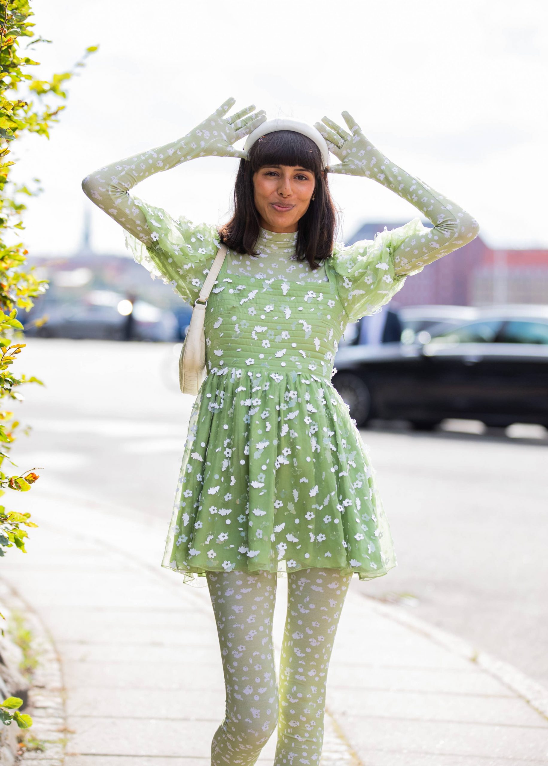 Whimsical Ensemble: Floral Mini Dress and Matching Accessories with White Headband — Headband Outfits 2027