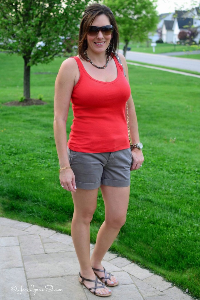 Summer Casual: Red Tank Top with Grey Shorts Summer Casual: Red Tank Top with Grey Shorts — Mom Outfits 2027