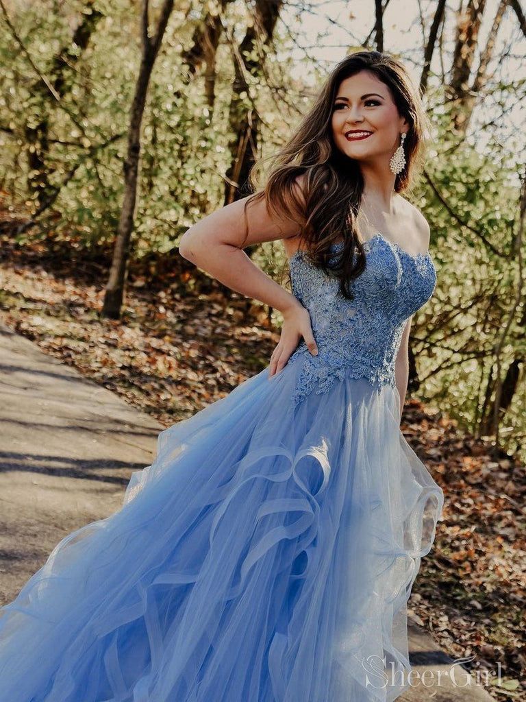 Sky Blue Ruffled Tulle Gown with Lace Appliques Sky Blue Ruffled Tulle Gown with Lace Appliques — Junior Prom Outfits 2027