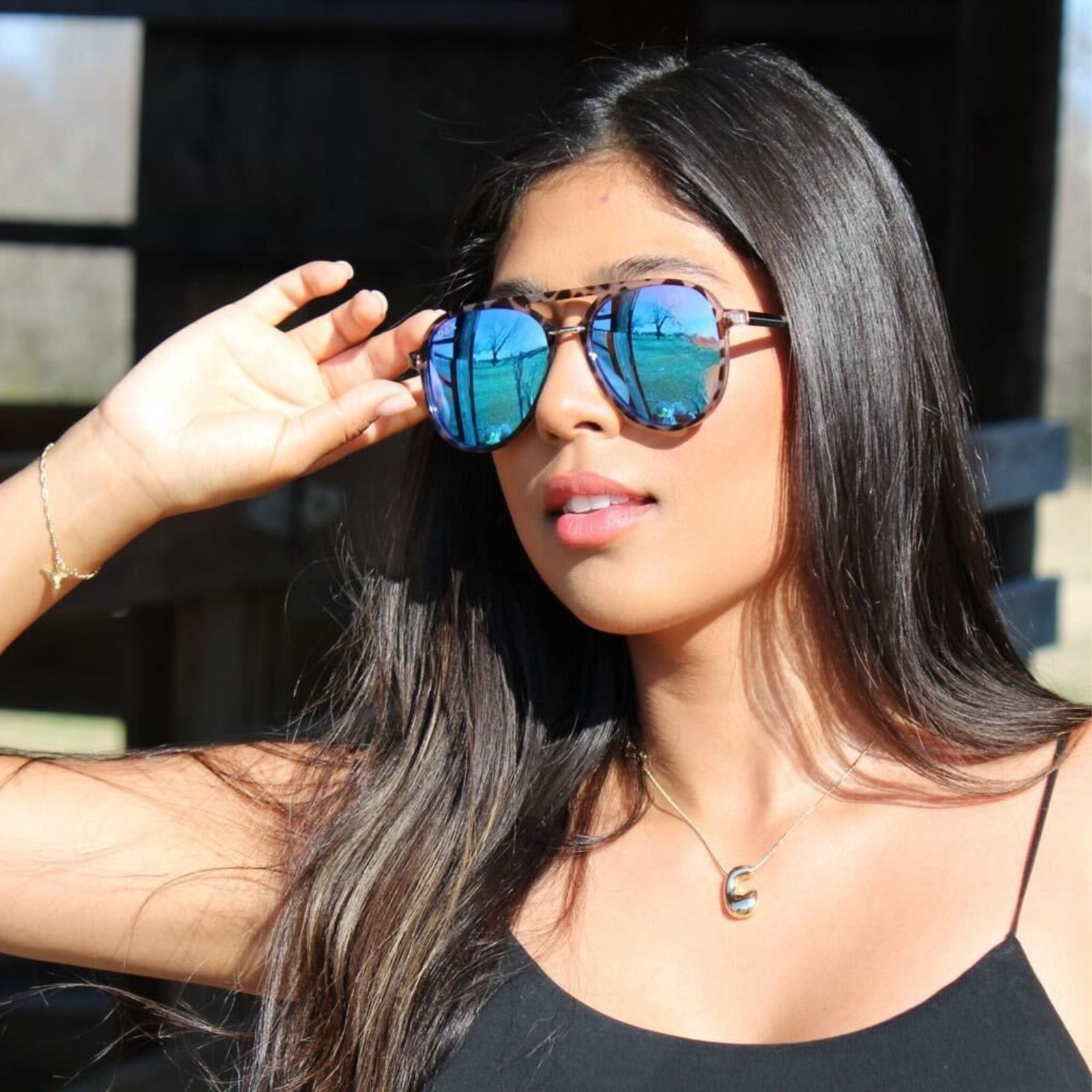 Blue Lens Aviators with a Black Camisole and Gold Necklace — Aviator Sunglasses for Women 2027