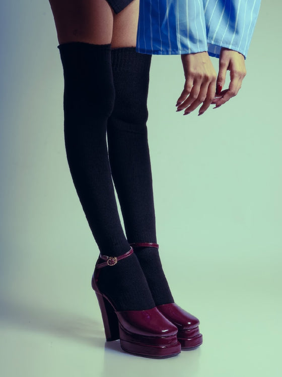 Striking Contrast: Burgundy Platforms with Thigh-High Socks Striking Contrast: Burgundy Platforms with Thigh-High Socks — Platform Heels Outfits 2027