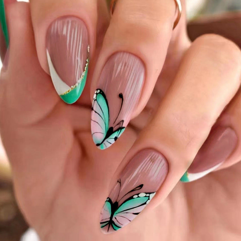 Sheer Nude Green Gold Accent Almonds — Short Butterfly Almond Nails 2027