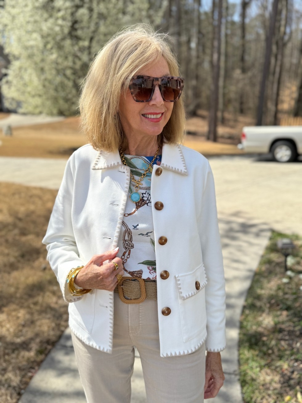 Textured White Jacket and Printed Tee: A Casual Daytime Statement — Outfits 2027 for Women Over 60