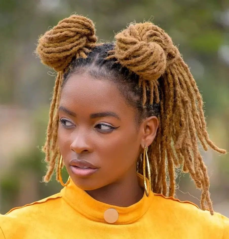 Honey Blonde Base Subtle Darker Roots Mid-Back Honey Blonde Locs With Space Buns — Blonde Locs 2027