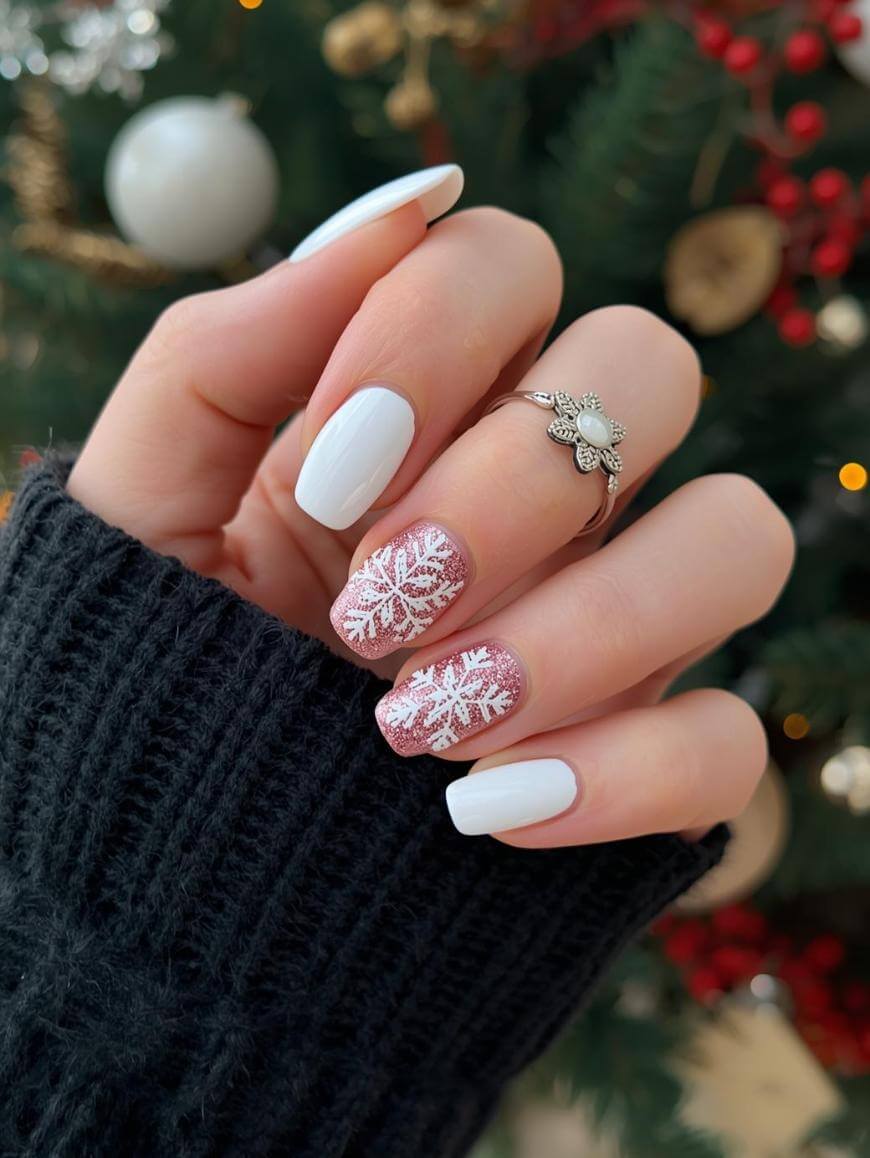 Matte White with Rose Gold Glitter Snowflakes Matte White with Rose Gold Glitter Snowflakes — Christmas Acrylic Nails 2026