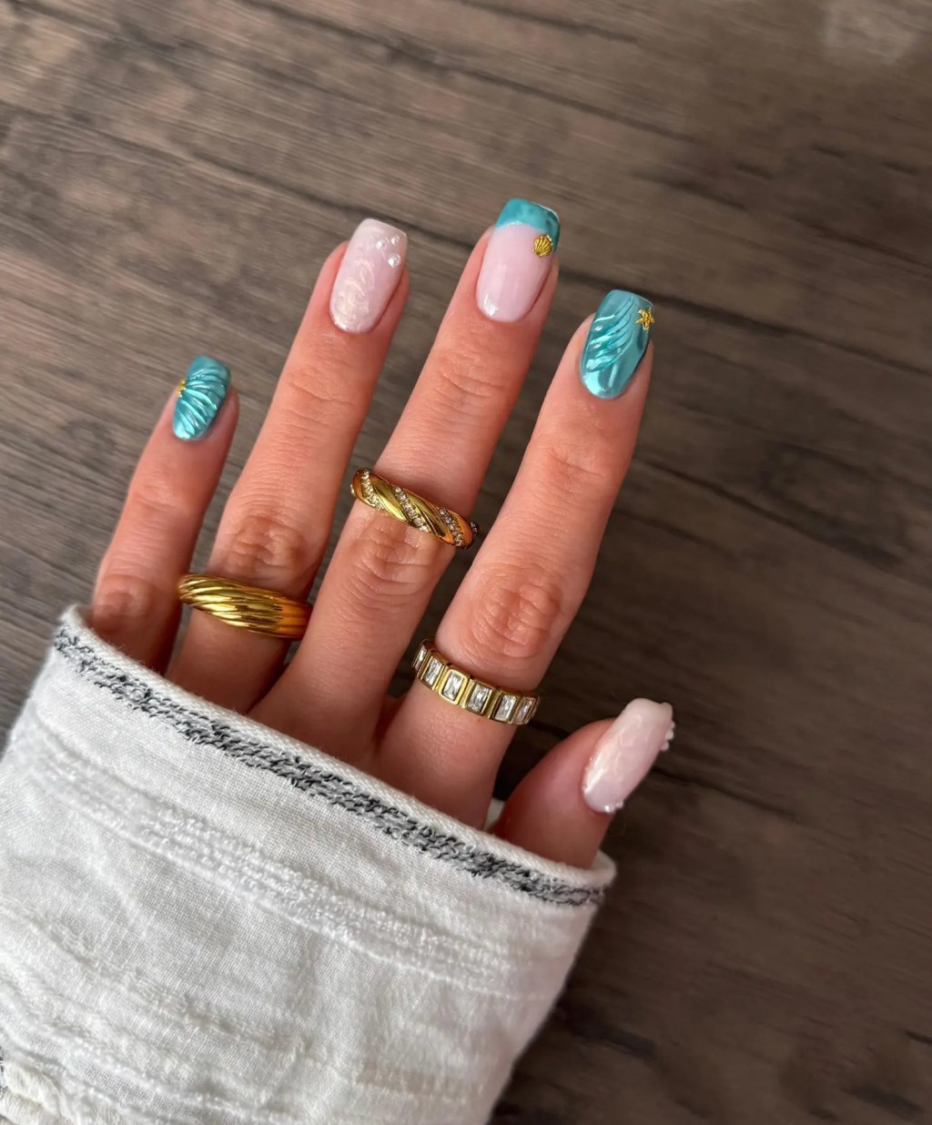 Milky Pink With Teal & Gold Accents — Summer Dip Nails 2027