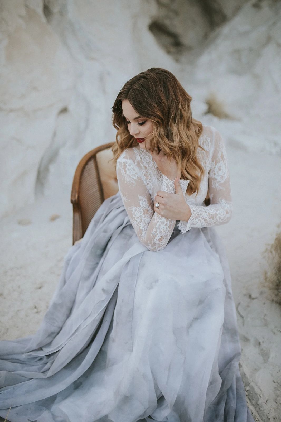 Ivory Lace Long-Sleeve Top with Greyish-White Skirt — Colored Wedding Dresses 2027