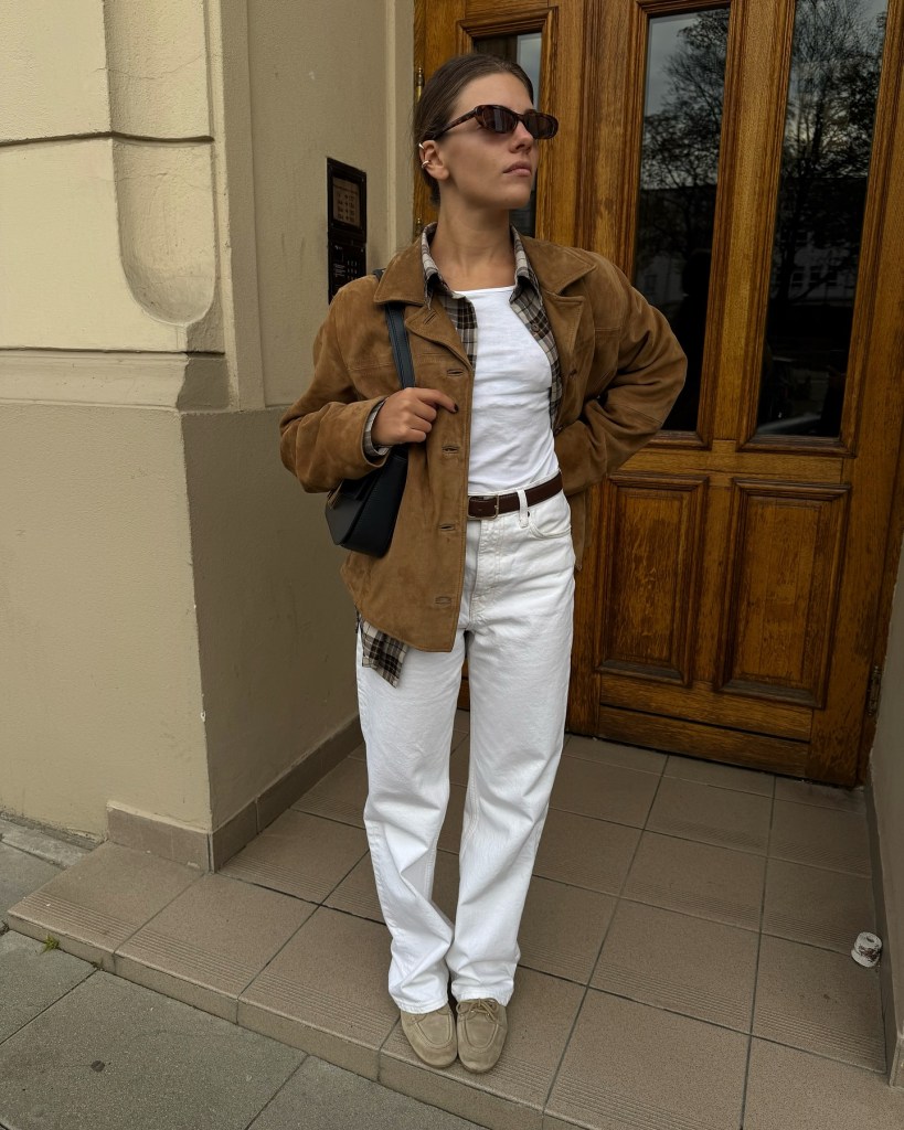 Brown Suede Shacket Layered Over Plaid Shirt and Jeans — Shacket Outfits 2027