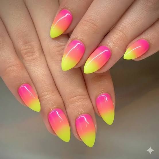 Vibrant Neon Pink to Yellow Stilettos Vibrant Neon Pink to Yellow Stilettos — Rainbow Nails 2027