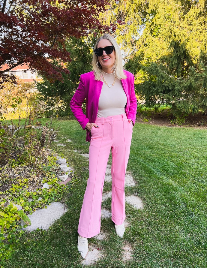 Hot Pink Velvet Blazer with Flared Trousers for a Bold Casual Look — Pink Outfits 2027
