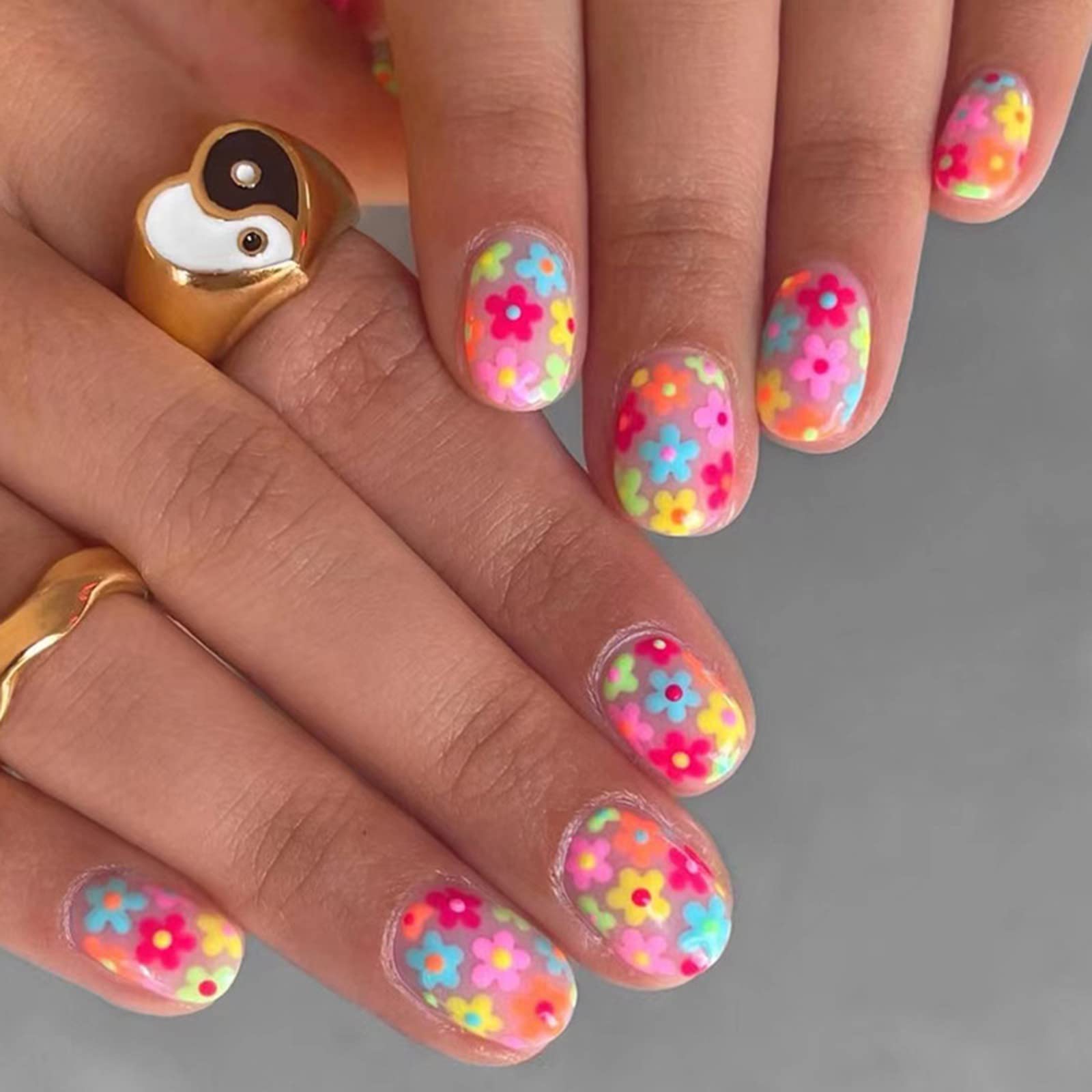 Neon Floral Pattern Short Oval Nails Neon Floral Pattern Short Oval Nails — Spring Acrylic Nails 2027