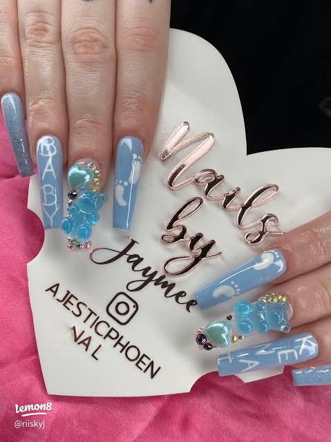Blue Gummy Bear Charm Stilettos — Baby Shower Nails 2027