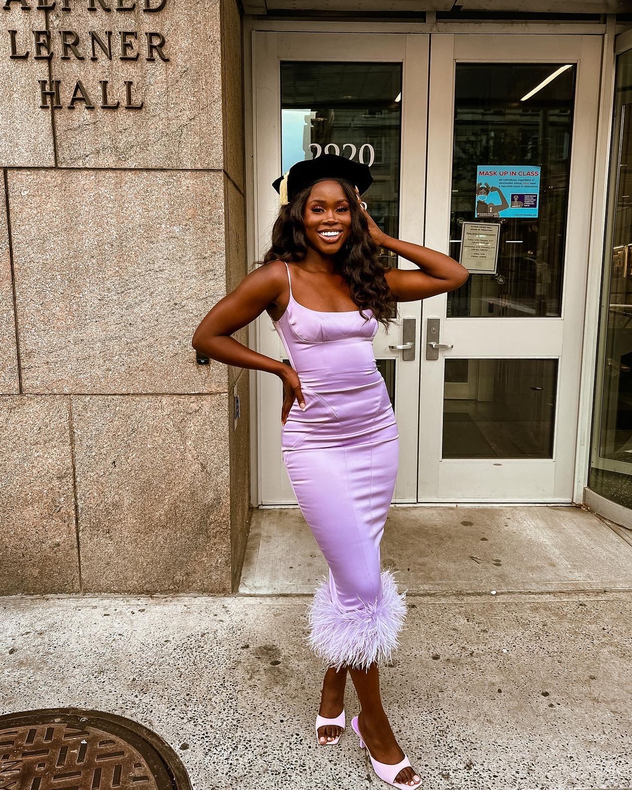 Lavender Satin Slip Dress with Feather Trim and Pink Heels — Graduation Speaker Outfits 2027