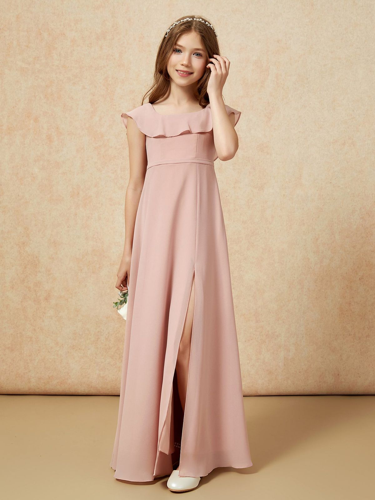 Blush Pink Satin A-line with a Ruffled Neckline and High Slit Blush Pink Satin A-line with a Ruffled Neckline and High Slit — Junior Bridesmaid Dress 2027