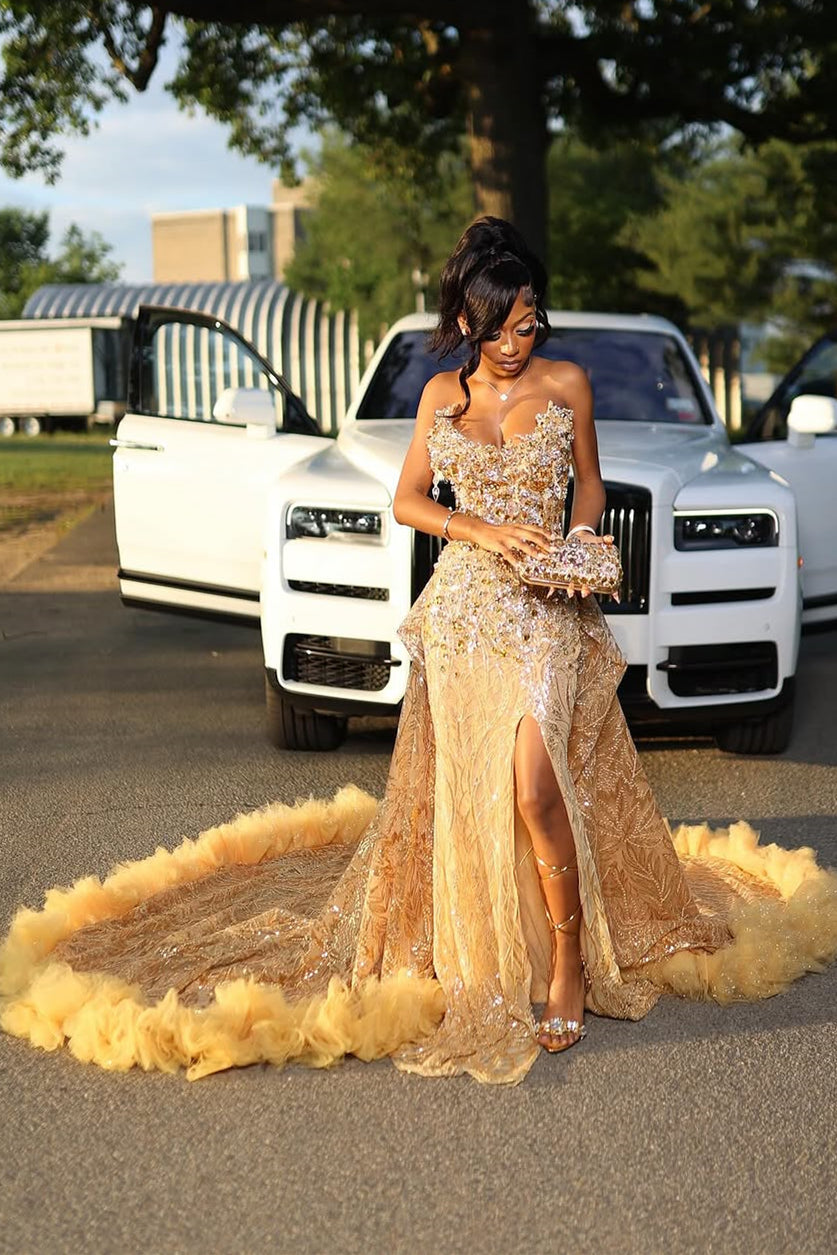Gold Embellished Gown with Dramatic Ruffled Tulle Train Gold Embellished Gown with Dramatic Ruffled Tulle Train — Prom Outfits 2027