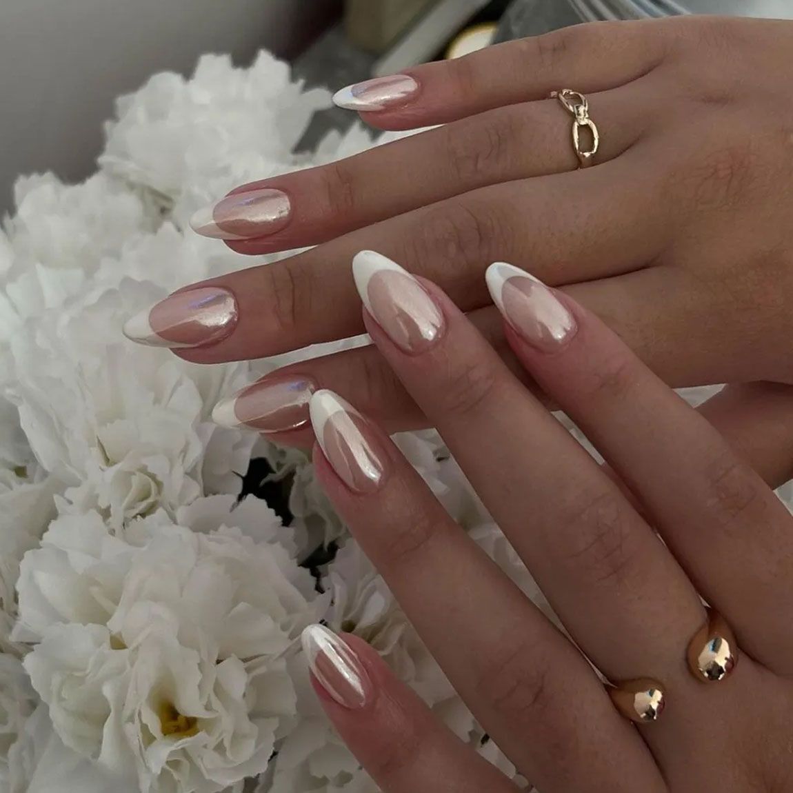 Long Almond Chrome French Mix Long Almond Chrome French Mix — Long Wedding Nails 2027