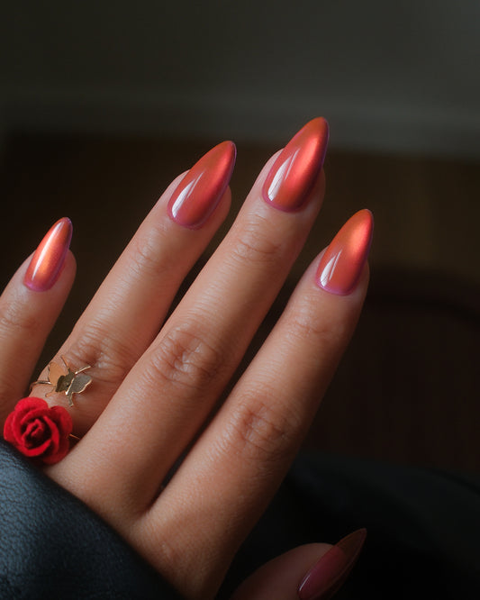 Iridescent Orange-Red Cat-Eye Stilettos Iridescent Orange-Red Cat-Eye Stilettos — Date Night Nails 2027