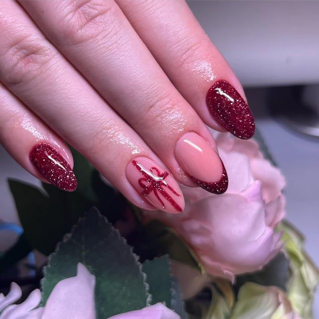 Nude Deep Red Glitter French Bow Nude Deep Red Glitter French Bow — Sparkly Holiday Nails 2026