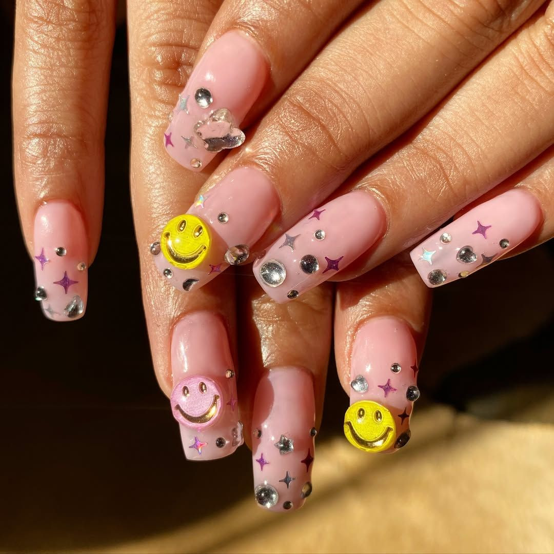 Pale Pink Long Coffin 3D Smiley Charms Pale Pink Long Coffin 3D Smiley Charms — Smiley Face Coffin Nails 2027