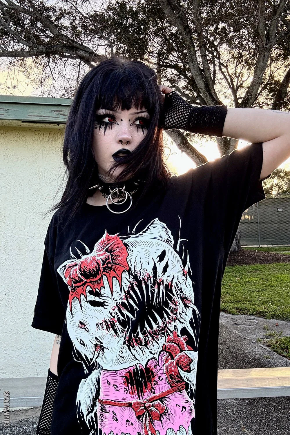 Monstrous Graphic Tee and Spiked Choker: Bold Statement Piece Monstrous Graphic Tee and Spiked Choker: Bold Statement Piece — Emo Outfits 2027