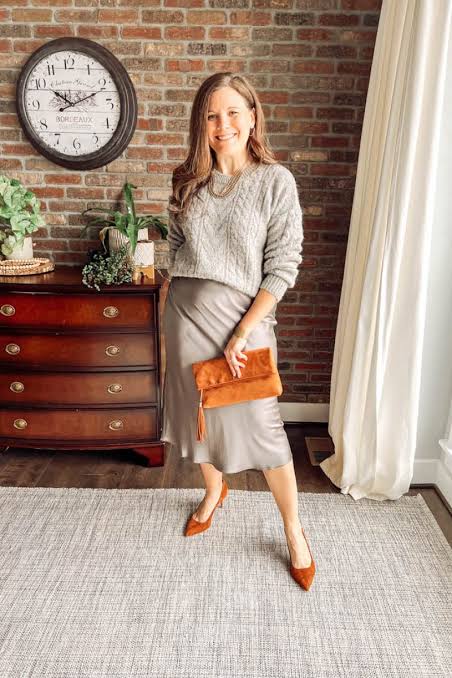 Grey Knit Sweater Over a Silver Satin Midi Skirt — Satin Top Outfits 2027