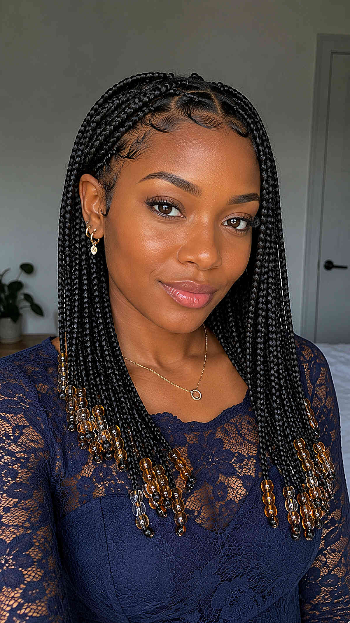 Shoulder Length Black Braids With Amber Beads — Knotless Braids 2027 for Prom