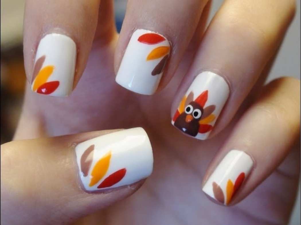 White Glossy with Turkey and Leaves — Simple Thanksgiving Nails 2026