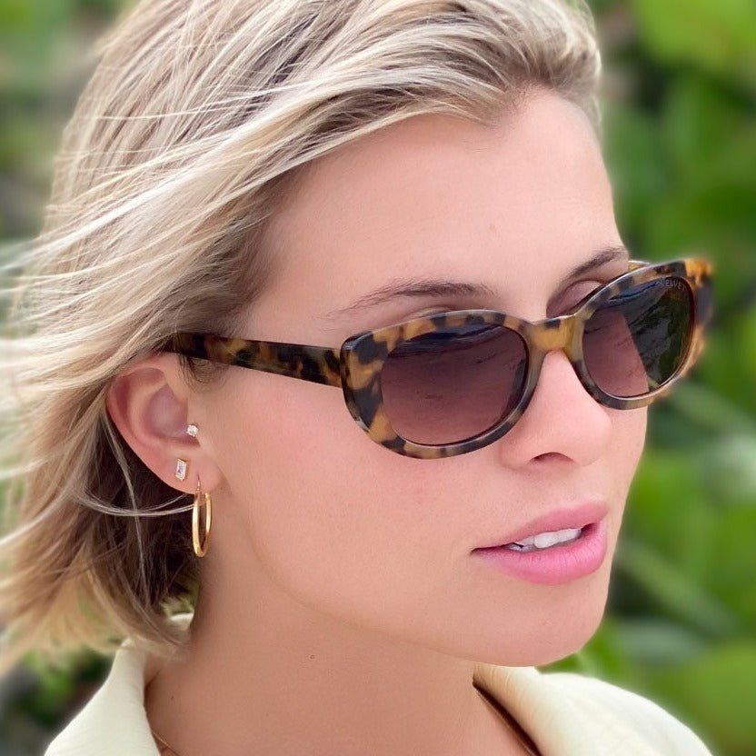 Light Yellow Jacket Paired with Tortoiseshell Cat Eyes — Cat Eye Sunglasses Outfits 2027