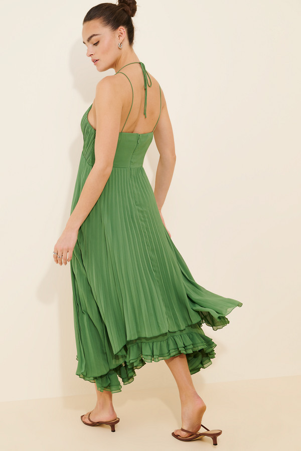Green Pleated Halter Neck Midi Dress with Ruffled Hem Green Pleated Halter Neck Midi Dress with Ruffled Hem — Ruffle Hem Dress 2027