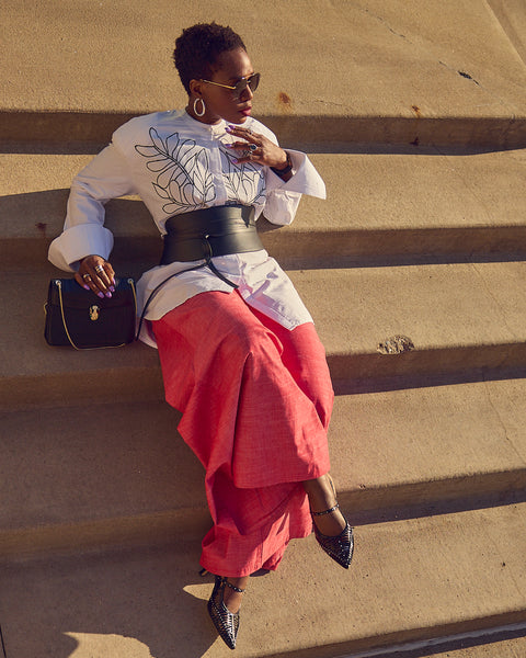 Embroidered White Shirt with Coral Pants and Wide Belt — Oversized Shirt Outfits 2027
