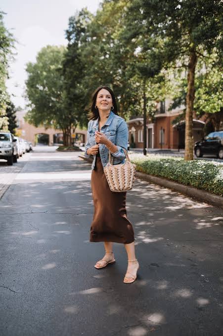 Brown Silk Midi Dress with Denim Jacket for Casual Outings — Silk Dresses 2027