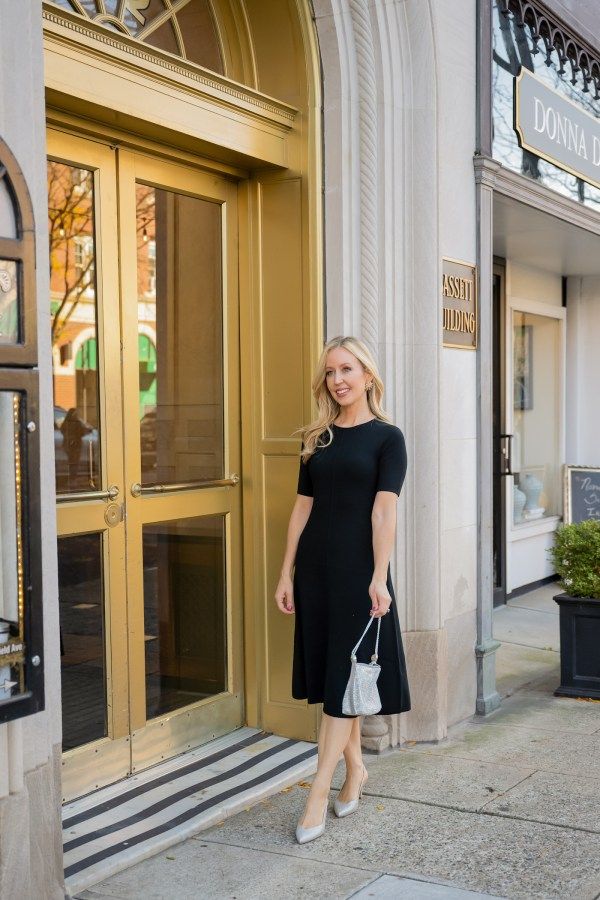 Black Fit-and-Flare Midi Dress with Sparkling Handbag Black Fit-and-Flare Midi Dress with Sparkling Handbag — Little Black Dress Outfits 2027