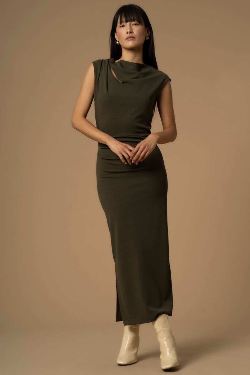 Olive Green Asymmetrical Neckline Bodycon Maxi Dress Olive Green Asymmetrical Neckline Bodycon Maxi Dress — Shrink Wrap Outfits 2027