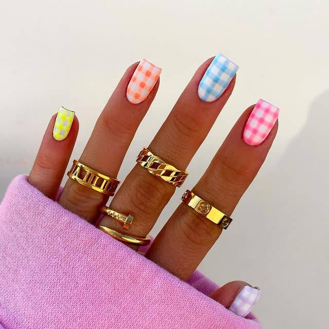 Pastel Gingham and Floral Medium Coffin Nails Pastel Gingham and Floral Medium Coffin Nails — Rainbow Checkered Nails 2027