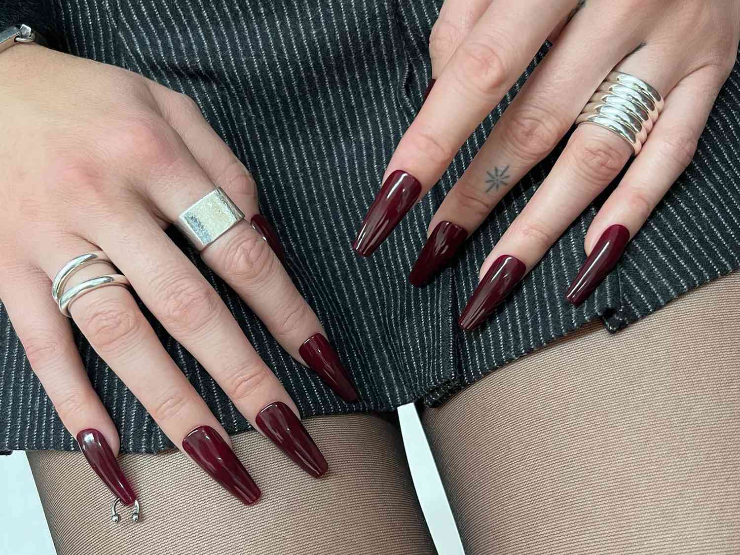 Deep Opaque Burgundy Glossy Coffin Nails — Long Coffin Nails 2027