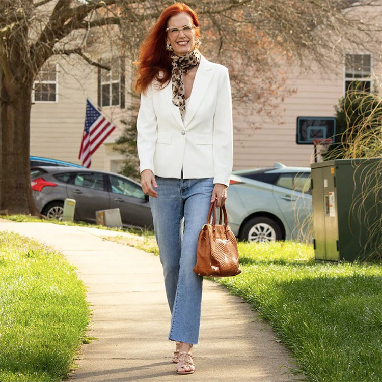 Light Wash Bootcut Jeans with a White Blazer and Scarf — Work Bootcut Jeans Outfits 2027