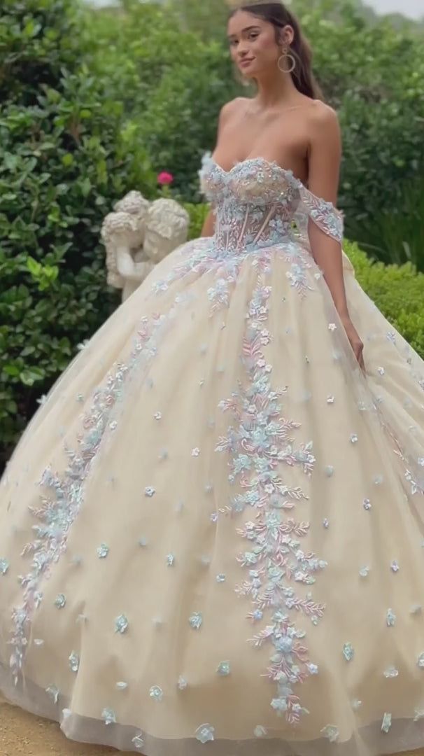 Champagne Ball Gown with Pastel 3D Floral Appliques — Champagne Quinceanera Dress 2027
