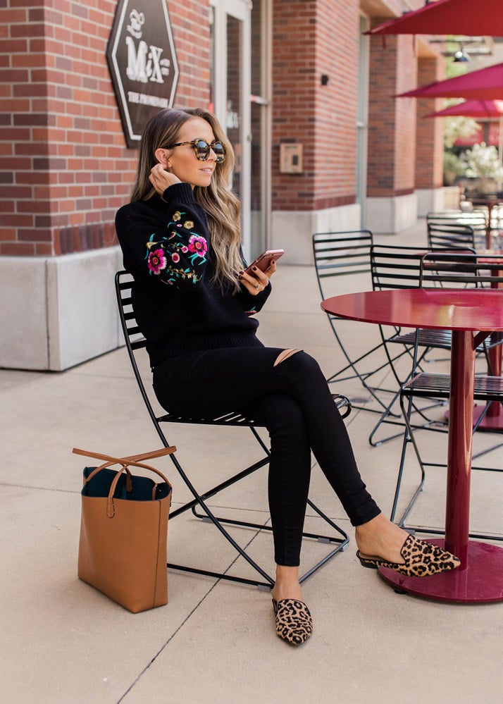 Artistic Flair: Ripped Black Jeans with Embroidered Sweater Artistic Flair: Ripped Black Jeans with Embroidered Sweater — Black Jeans Outfits 2027