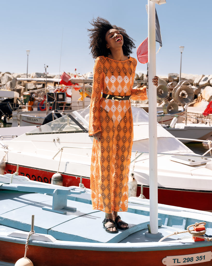 Orange Crochet Maxi Dress with Geometric Pattern Orange Crochet Maxi Dress with Geometric Pattern — Boho Crochet Outfits 2027